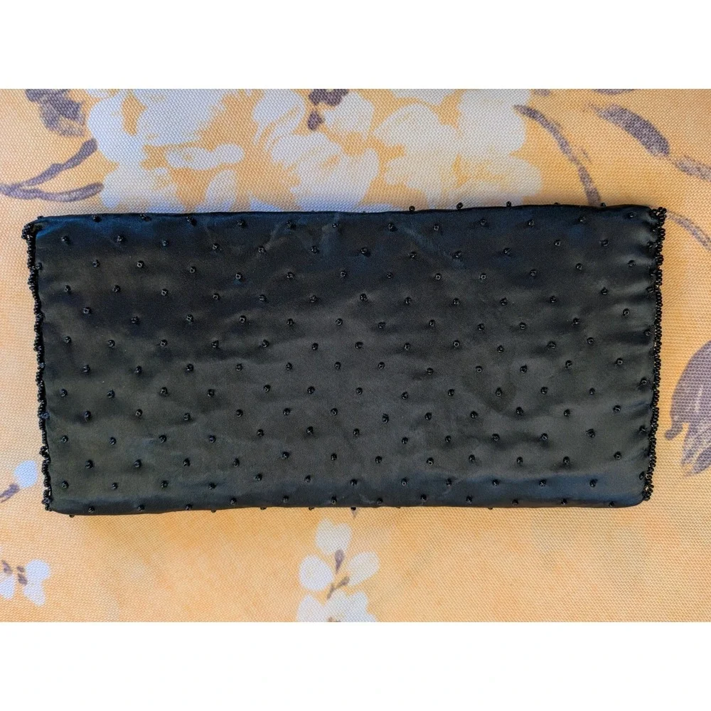 Vintage Black Beaded Sequin Satin Clutch Handbag Hand Made in Hong Kong Floral